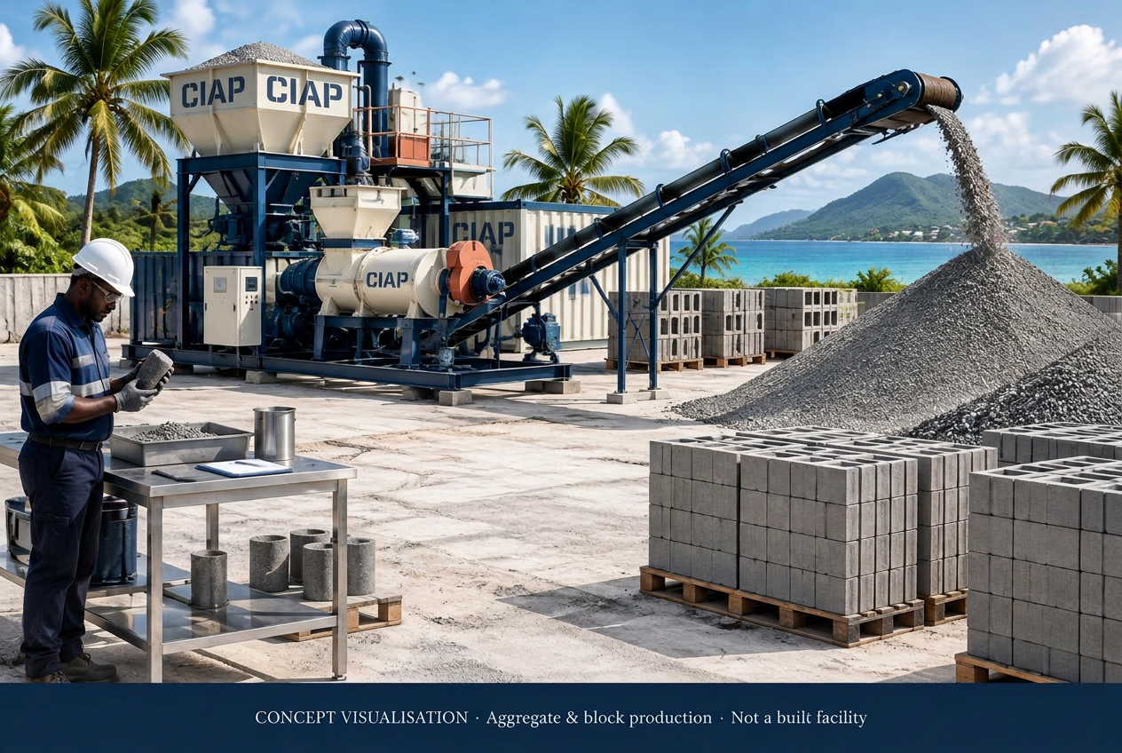 Illustrative skid-mounted aggregate and block production equipment with conveyor, aggregate stockpile and palletised blocks