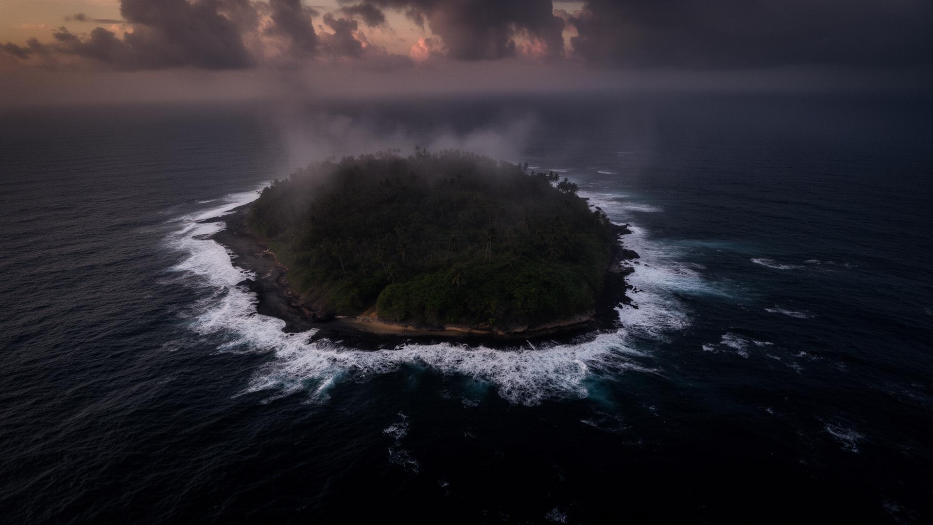 Aerial view of a forested island at dusk, surrounded by ocean waves
