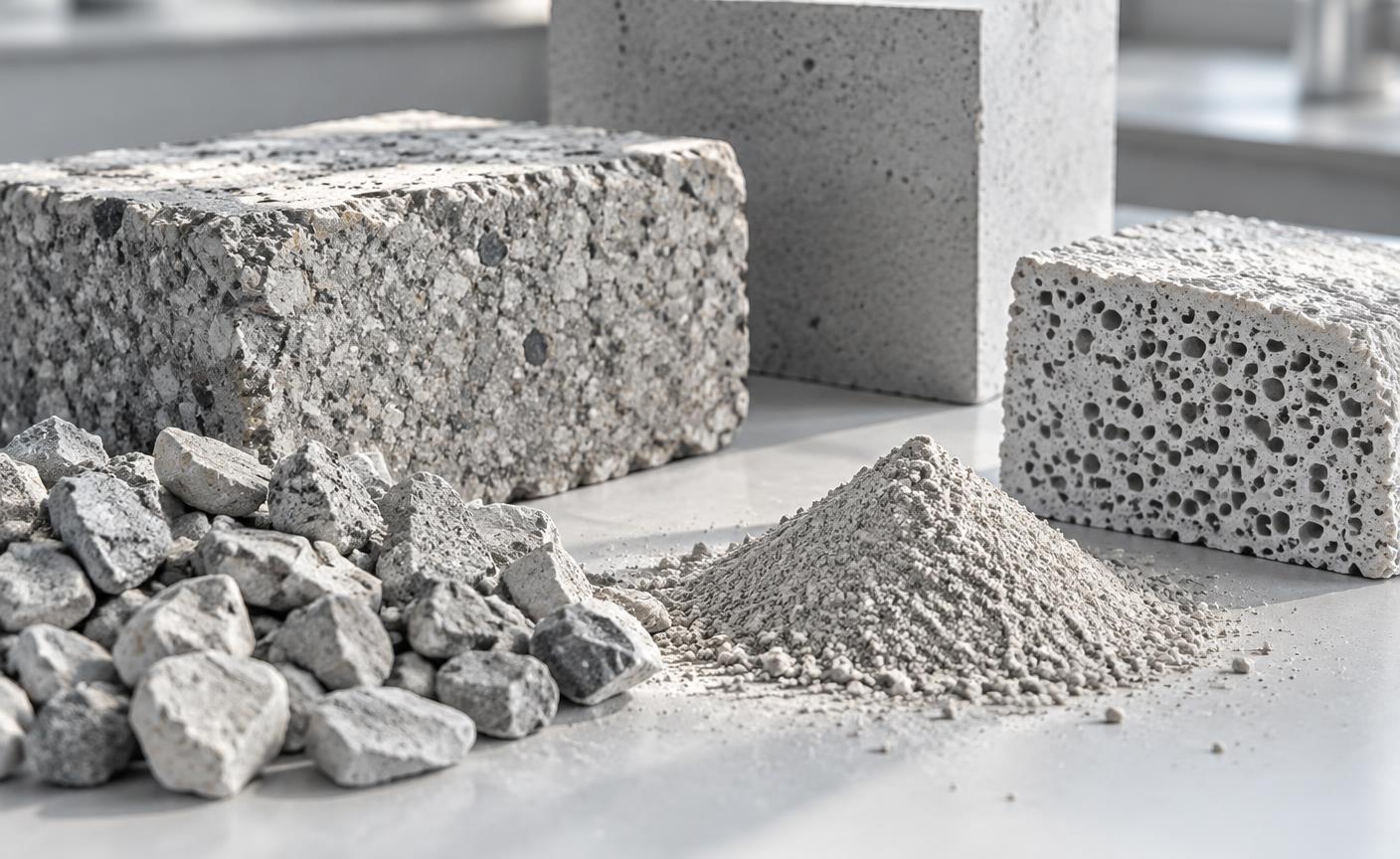 Illustrative aggregate, concrete blocks, cementitious powder and foamed concrete material samples