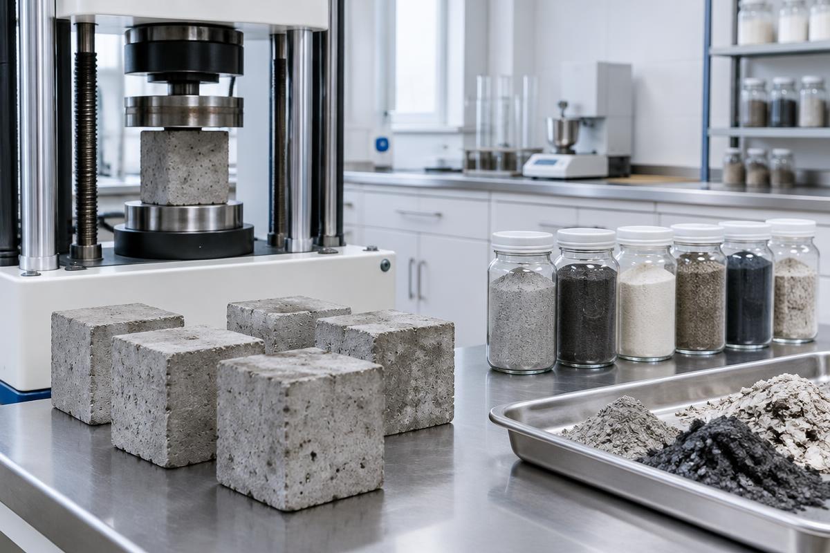 Illustrative materials laboratory with concrete specimens and mineral samples beside testing equipment