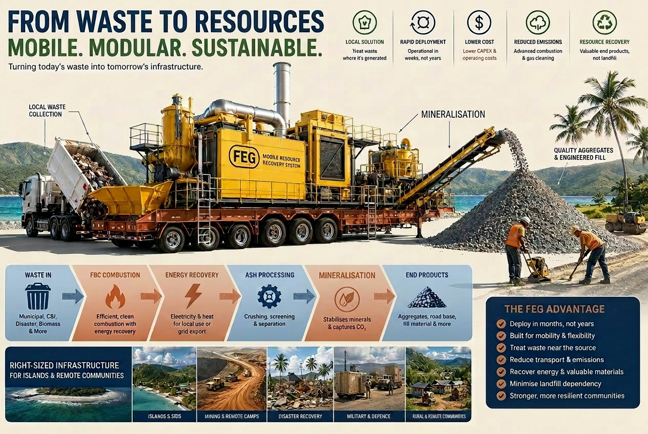 FEG mobile resource recovery system: from waste to resources — mobile, modular, sustainable. Diagram showing waste in, FBC combustion, energy recovery, ash processing, captured CO2 mineralisation and enhanced weathering, end products.